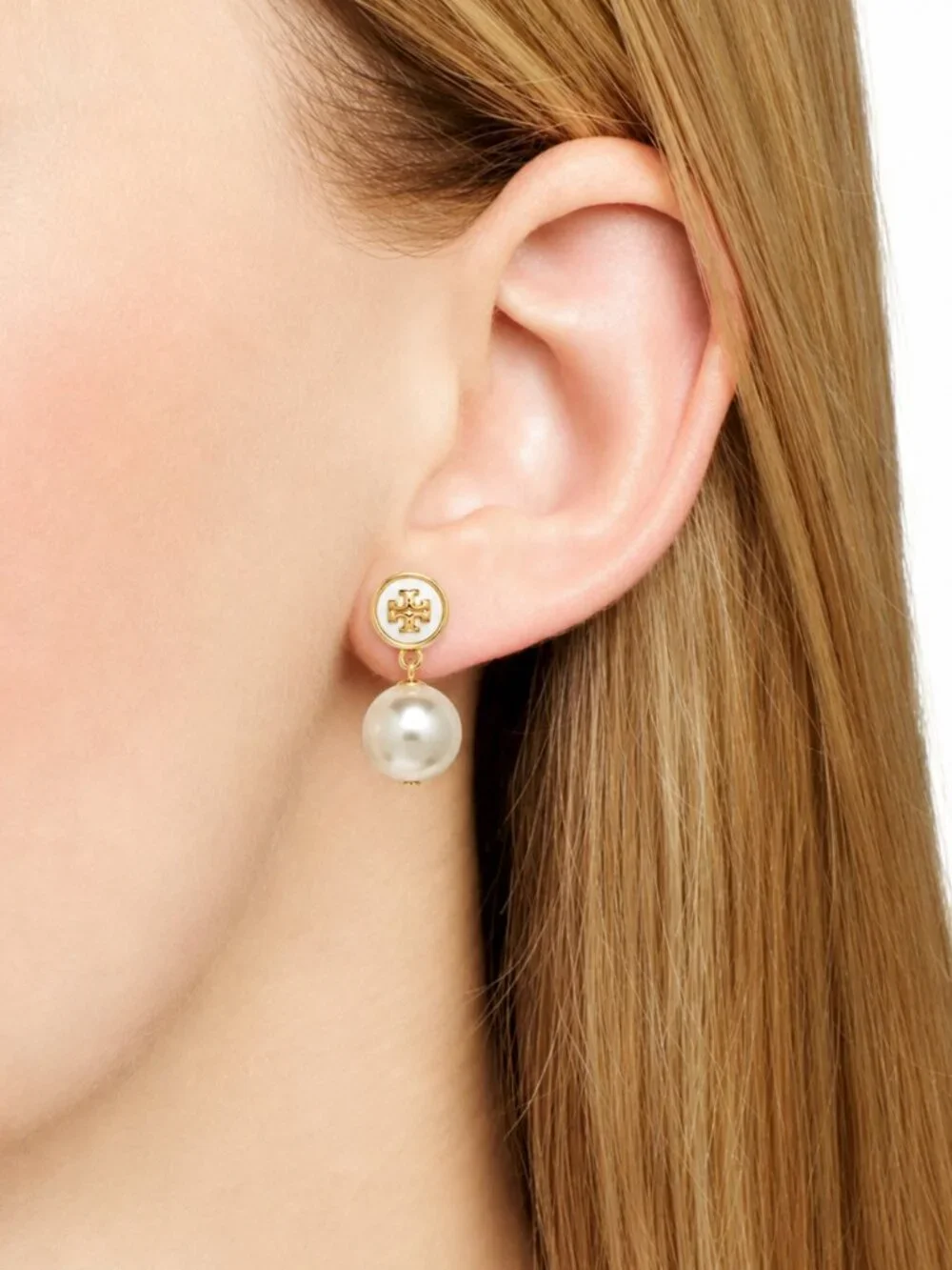 Tory Burch Pearl Drop Earrings Gold Tone Double T Logo Classic Designer Jewelry